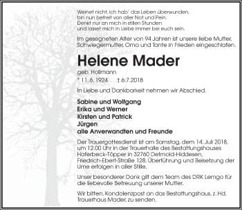 Anzeige  Helene Mader  Lippische Landes-Zeitung