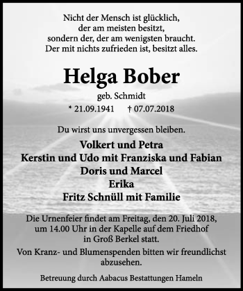 Anzeige  Helga Bober  Lippische Landes-Zeitung