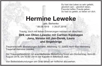 Anzeige  Hermine Leweke  Lippische Landes-Zeitung