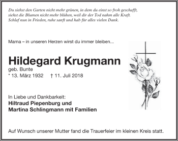 Anzeige  Hildegard Krugmann  Lippische Landes-Zeitung