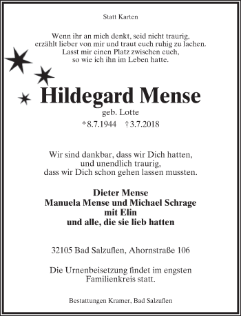 Anzeige  Hildegard Mense  Lippische Landes-Zeitung