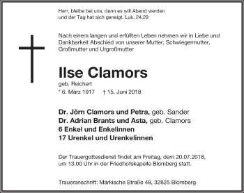 Anzeige  Ilse Clamors  Lippische Landes-Zeitung