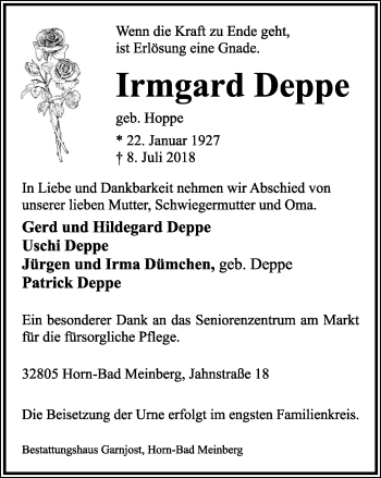 Anzeige  Irmgard Deppe  Lippische Landes-Zeitung