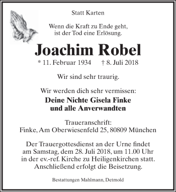 Anzeige  Joachim Robel  Lippische Landes-Zeitung