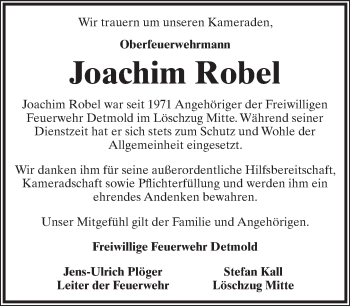 Anzeige  Joachim Robel  Lippische Landes-Zeitung