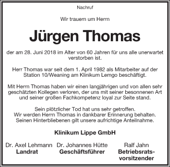 Anzeige  Jürgen Thomas  Lippische Landes-Zeitung