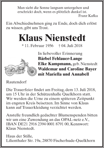 Anzeige  Klaus Nienstedt  Lippische Landes-Zeitung