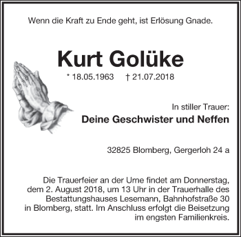 Anzeige  Kurt Golüke  Lippische Landes-Zeitung