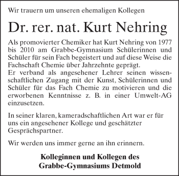 Anzeige  Kurt Nehring  Lippische Landes-Zeitung