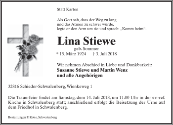 Anzeige  Lina Stiewe  Lippische Landes-Zeitung