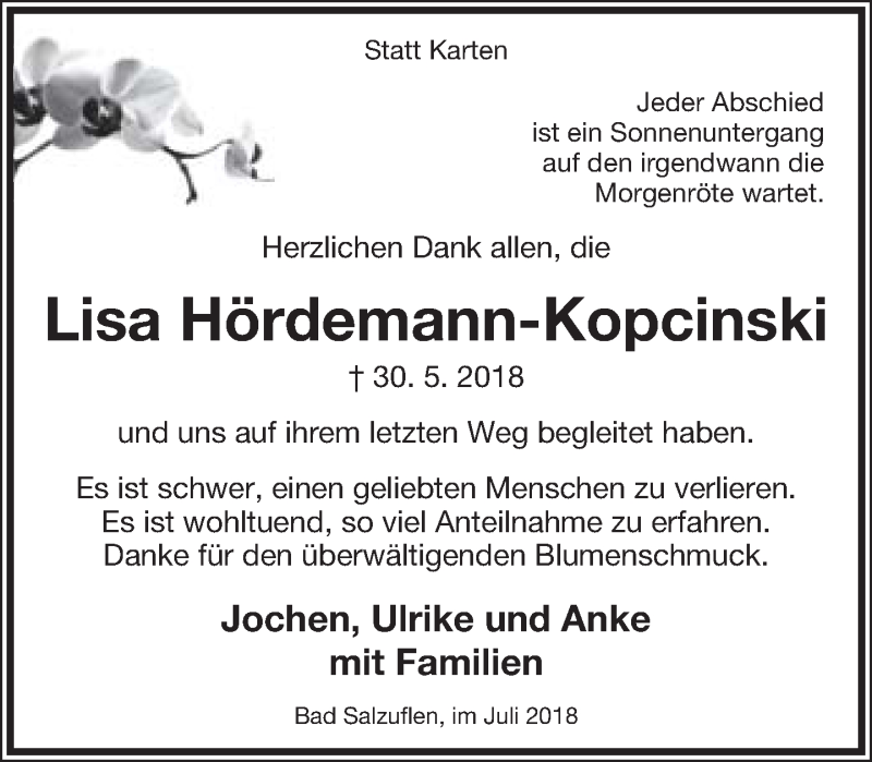  Traueranzeige für Lisa Hördemann-Kopcinski vom 07.07.2018 aus Lippische Landes-Zeitung