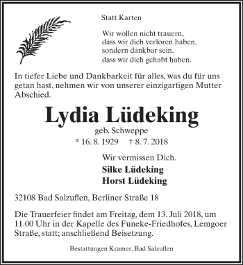 Anzeige  Lydia Lüdeking  Lippische Landes-Zeitung