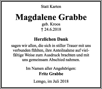 Anzeige  Magdalene Grabbe  Lippische Landes-Zeitung