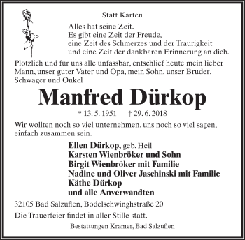 Anzeige  Manfred Dürkop  Lippische Landes-Zeitung