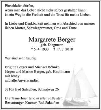 Anzeige  Margarete Berger  Lippische Landes-Zeitung