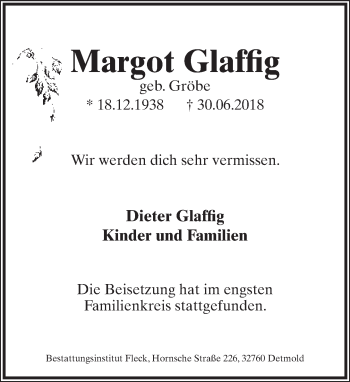Anzeige  Margot Glaffig  Lippische Landes-Zeitung