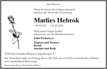 Anzeige  Marlies Hebrok  Lippische Landes-Zeitung