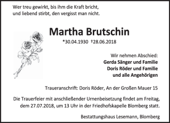 Anzeige  Martha Brutschin  Lippische Landes-Zeitung