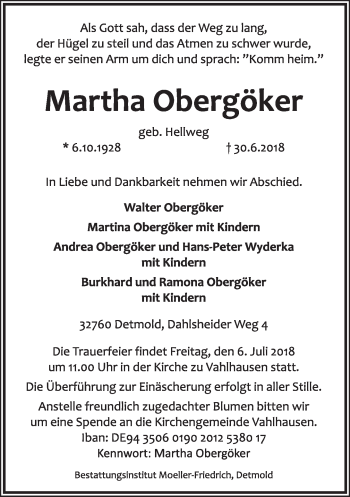 Anzeige  Martha Obergöker  Lippische Landes-Zeitung