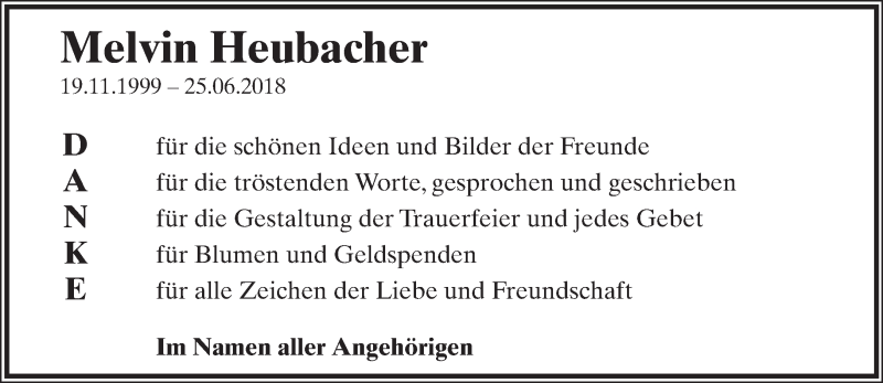  Traueranzeige für Melvin Heubacher vom 14.07.2018 aus Lippische Landes-Zeitung