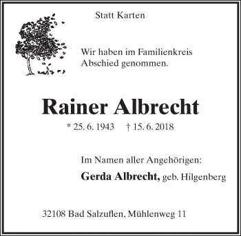 Anzeige  Rainer Albrecht  Lippische Landes-Zeitung