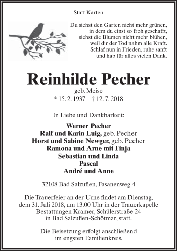 Anzeige  Reinhilde Pecher  Lippische Landes-Zeitung