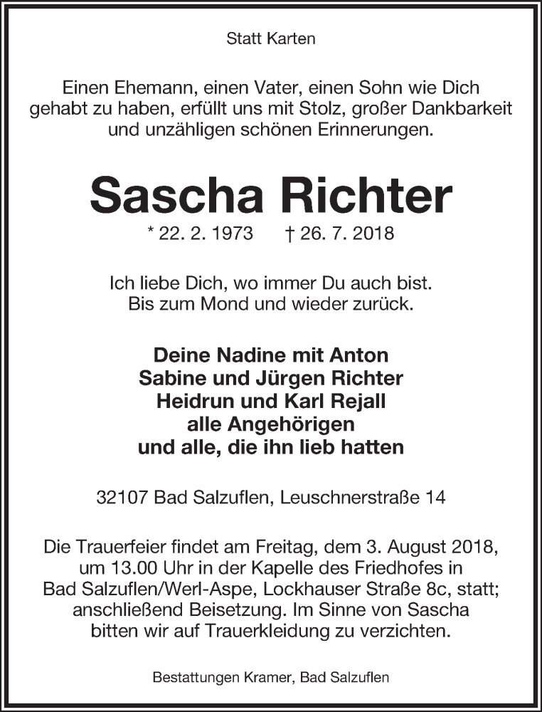  Traueranzeige für Sascha Richter vom 31.07.2018 aus Lippische Landes-Zeitung