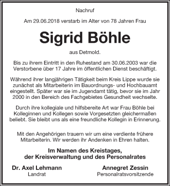 Anzeige  Sigrid BÃ¶hle  Lippische Landes-Zeitung