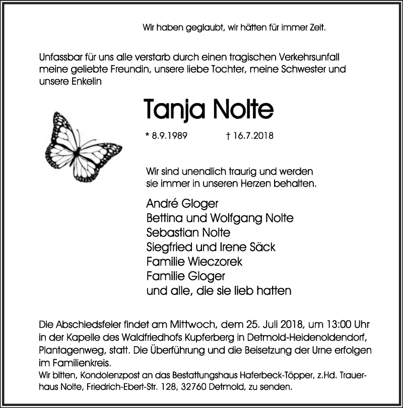  Traueranzeige für Tanja Nolte vom 21.07.2018 aus Lippische Landes-Zeitung