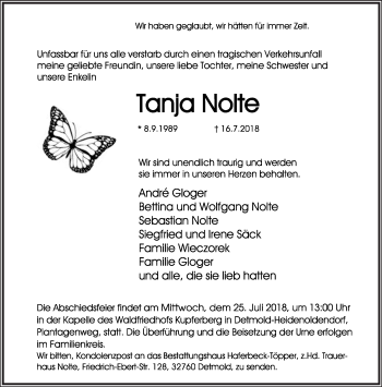 Anzeige  Tanja Nolte  Lippische Landes-Zeitung