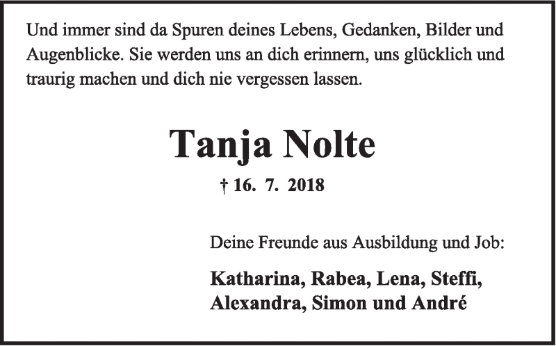  Traueranzeige für Tanja Nolte vom 21.07.2018 aus Lippische Landes-Zeitung