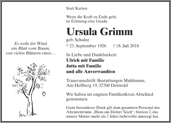 Anzeige  Ursula Grimm  Lippische Landes-Zeitung
