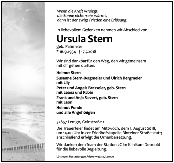 Anzeige  Ursula Stern  Lippische Landes-Zeitung