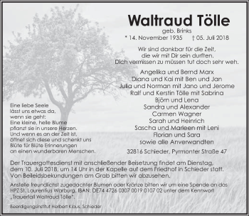 Anzeige  Waltraud Tölle  Lippische Landes-Zeitung