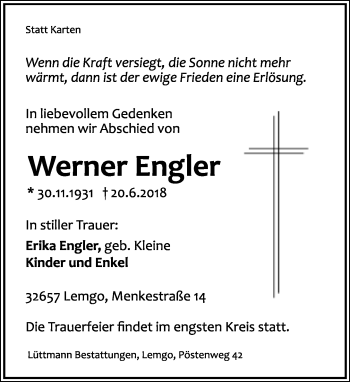 Anzeige  Werner Engler  Lippische Landes-Zeitung