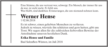 Anzeige  Werner Hense  Lippische Landes-Zeitung