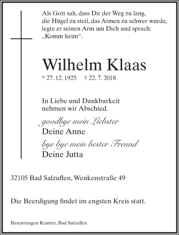 Anzeige  Wilhelm Klaas  Lippische Landes-Zeitung