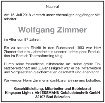 Anzeige  Wolfgang Zimmer  Lippische Landes-Zeitung