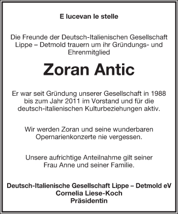 Anzeige  Zoran Antic  Lippische Landes-Zeitung
