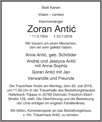 Anzeige  Zoran Antic  Lippische Landes-Zeitung