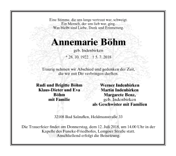 Anzeige  Annemarie Böhm  Lippische Landes-Zeitung