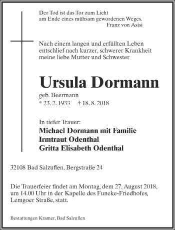 Anzeige  Ursula Dormann  Lippische Landes-Zeitung