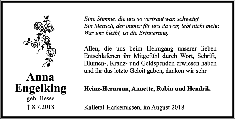  Traueranzeige für Anna Engelking vom 18.08.2018 aus Lippische Landes-Zeitung