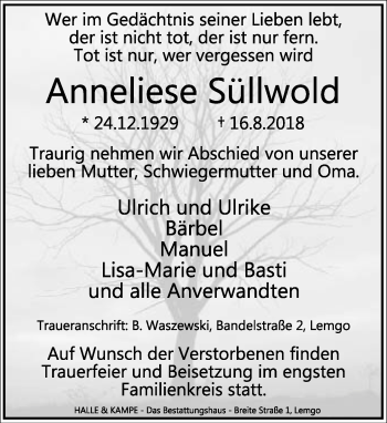 Anzeige  Anneliese Süllwold  Lippische Landes-Zeitung