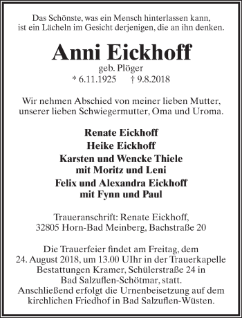 Anzeige  Anni Eickhoff  Lippische Landes-Zeitung