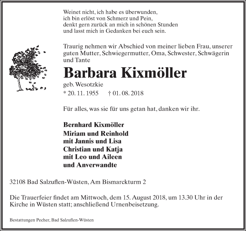  Traueranzeige für Barbara Kixmöller vom 04.08.2018 aus Lippische Landes-Zeitung