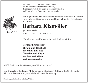 Anzeige  Barbara Kixmöller  Lippische Landes-Zeitung