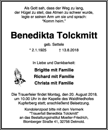 Anzeige  Benedikta Tolckmitt  Lippische Landes-Zeitung