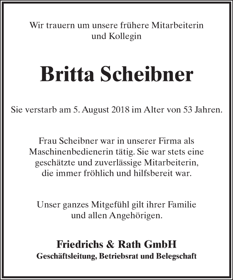  Traueranzeige für Britta Scheibner vom 25.08.2018 aus Lippische Landes-Zeitung