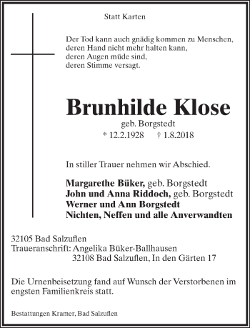 Anzeige  Brunhilde Klose  Lippische Landes-Zeitung